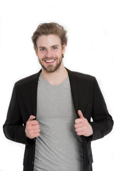 Barbudo homem feliz com barba elegante, bigode isolado no branco — Fotografia de Stock