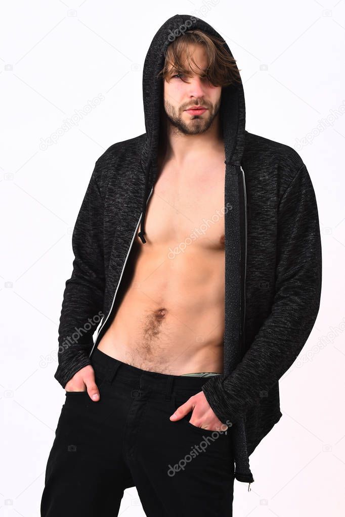 Caucasian sexy young macho holding board with sale inscription