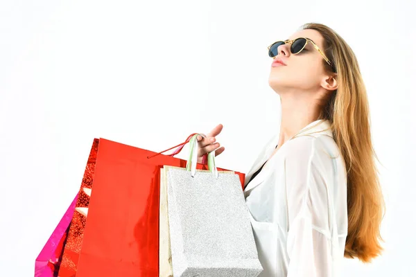 Fashionable sexy woman or girl holding package or bags — Stock Photo, Image