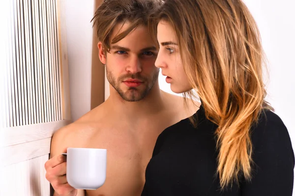 Couple of bearded man with cute sexy girl holding cup — Stock Photo, Image