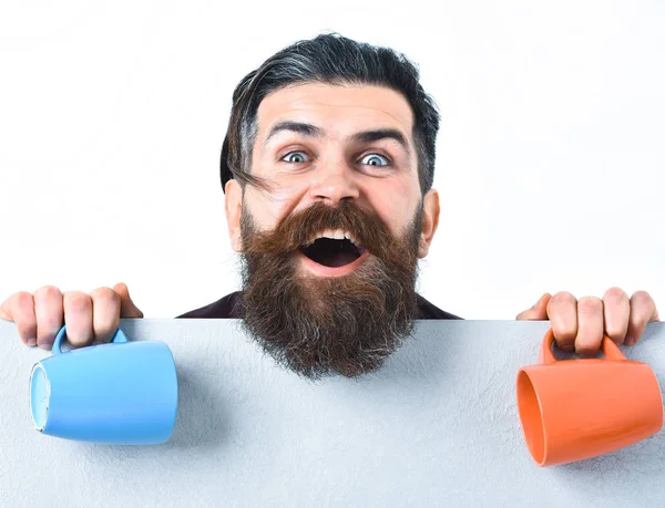 Barbudo brutal hipster caucásico con hoja de papel y tazas — Foto de Stock