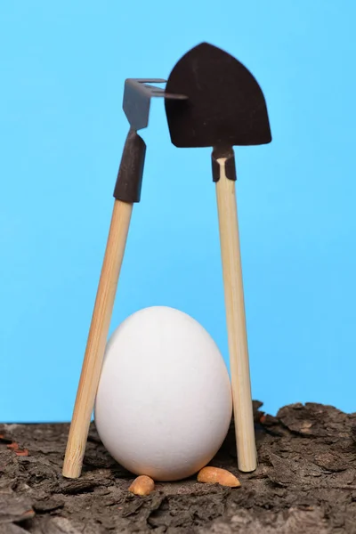 Colore bianco uovo di Pasqua con pala e rastrello su corteccia — Foto Stock