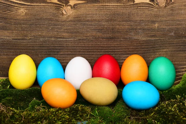 Huevos coloridos de Pascua pintados con musgo verde sobre fondo de madera —  Fotos de Stock
