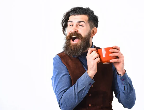 Uomo barbuto in possesso di tazza con caffè, tè con viso felice — Foto Stock