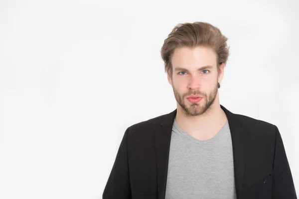 Uomo barbuto con barba elegante, baffi isolati su bianco — Foto Stock