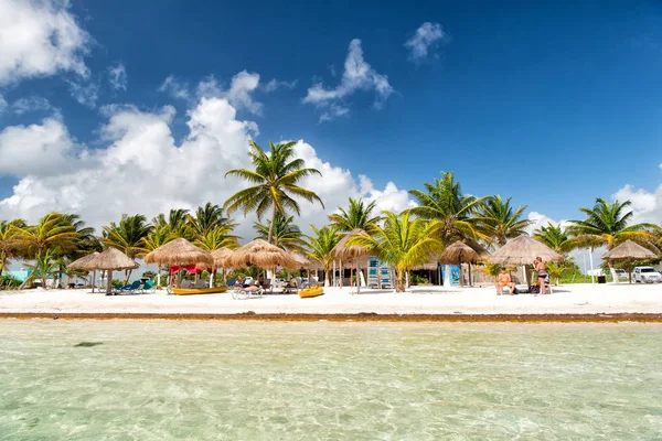 Пляж у морской воды, зеленые пальмы, зонтики, Коста Майя, Мексика — стоковое фото
