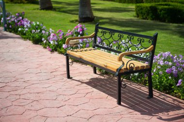 yeşil çimen, güzel çiçekler Park yakınındaki boş ahşap Bank