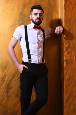 Stüdyo duvarında ciddi bir yüzü olan sakallı bir adam.