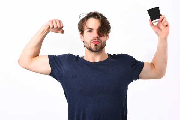 Caucasian sexy young macho holding coffee cup — Stock Photo, Image