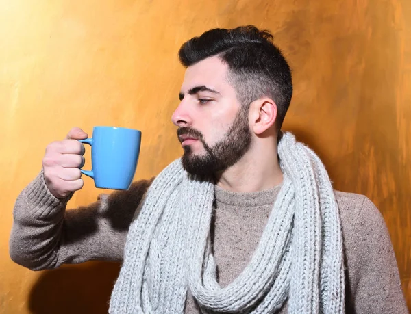 Hombre barbudo sosteniendo taza de té, café con cara seria —  Fotos de Stock