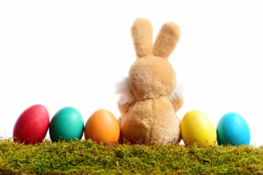 tavşan oyuncak, yeşil yosun beyaz izole tarih Paskalya yortusu yumurta