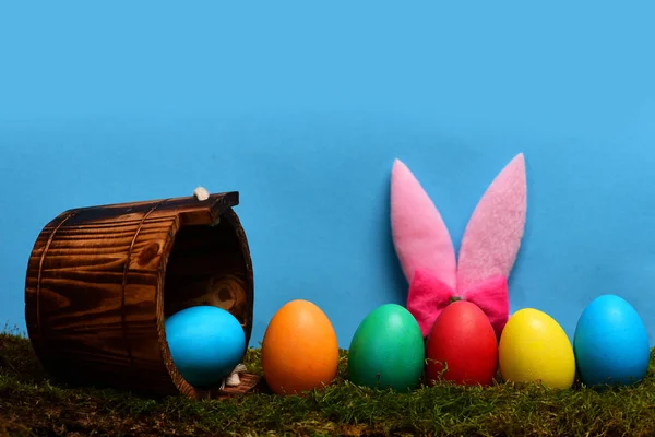 Kolorowe szczęśliwy ręcznie wykonane pisanki z wiaderkiem i uszy królika — Zdjęcie stockowe