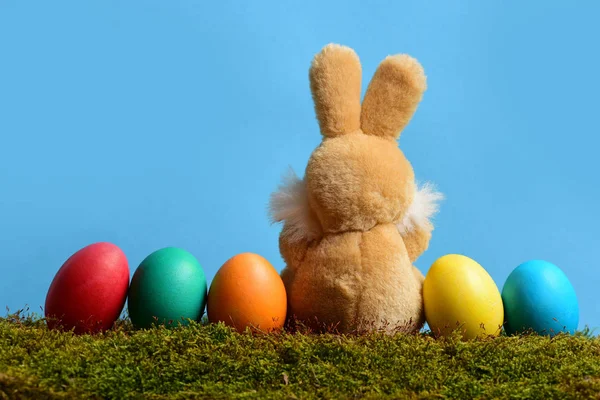 Jouet de lapin, oeufs de Pâques peints sur mousse verte, ciel bleu — Photo