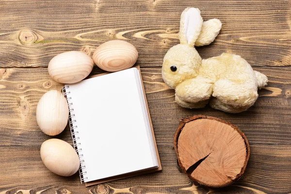 Giocattolo del coniglio, taccuino di carta, tronco d'albero, uova di legno pasquali — Foto Stock