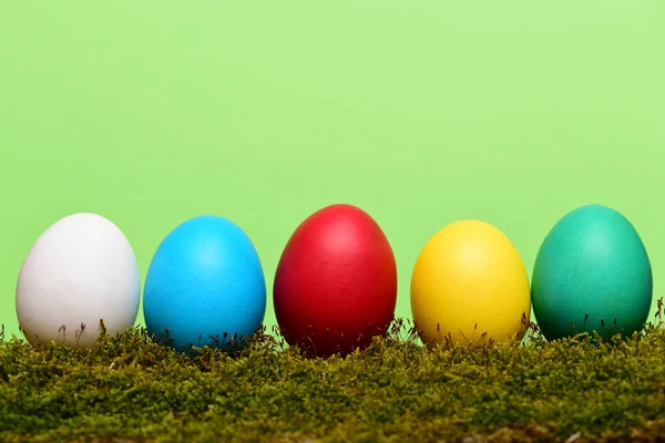 Huevos coloridos de Pascua pintados con musgo verde —  Fotos de Stock
