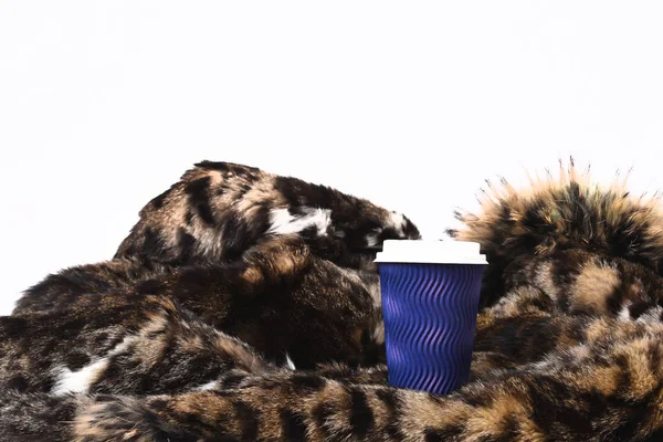 Carta blu o tazza di caffè di plastica con pelliccia — Foto Stock