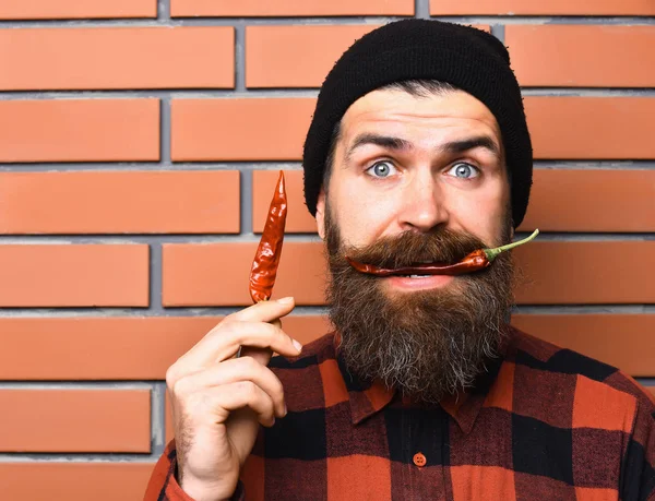 Skäggig man, brutal kaukasisk överraskad hipster med röd paprika — Stockfoto
