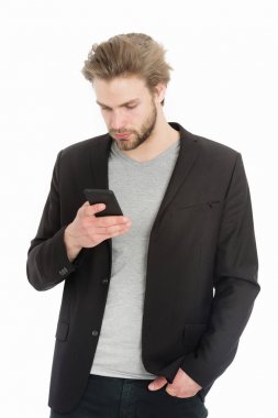 yakışıklı sakallı adam ya da işadamı ile hareket eden telefon