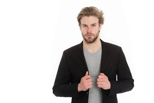 Бизнесмен или молодой человек в серой рубашке и черной куртке — стоковое фото