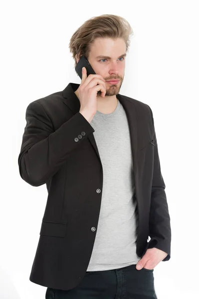 Cara ou homem de negócios com telefone celular isolado no branco — Fotografia de Stock