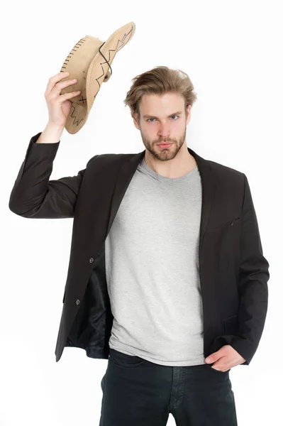 Zakenman of jonge man met cowboyhoed en zwarte jas — Stockfoto