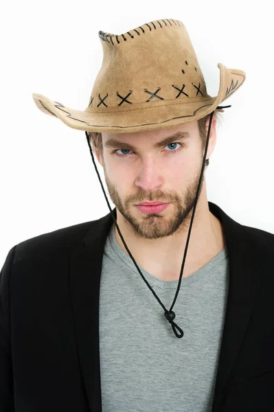 Podnikatel nebo mladý muž v kovbojském klobouku a černá bunda — Stock fotografie
