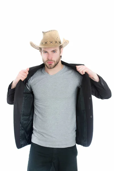 Chapéu cowboy americano na mão do homem de negócios — Fotografia de Stock