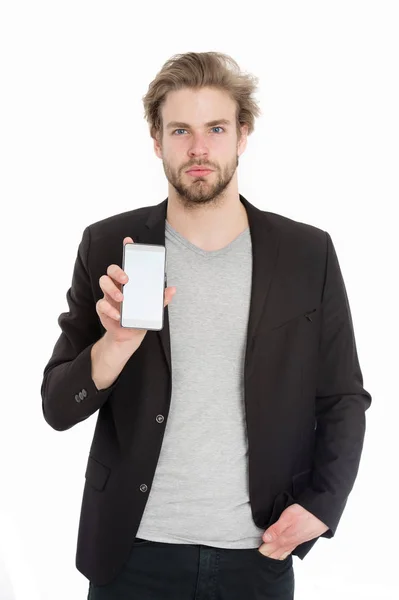 Парень или бизнесмен с мобильным телефоном изолированы на белом — стоковое фото