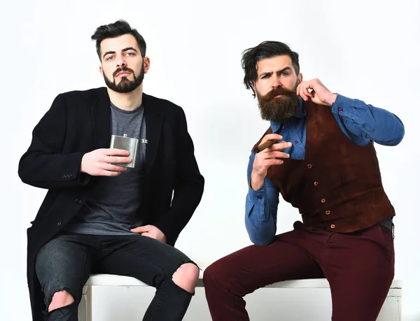 Two bearded mens, caucasian stylish hipsters with moustache — Stock Photo, Image