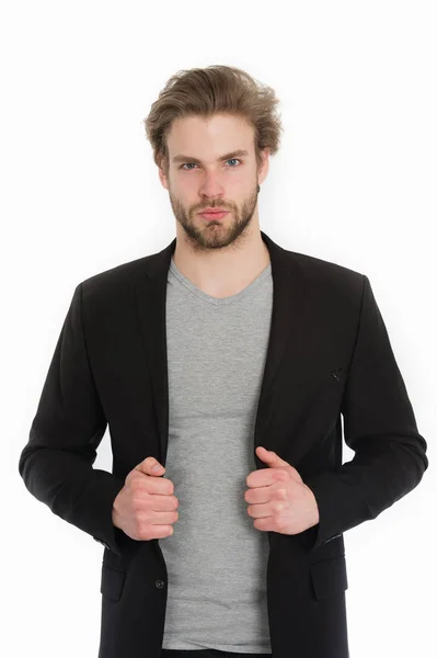 Jonge zakenman dragen grijs shirt en zwarte jas — Stockfoto