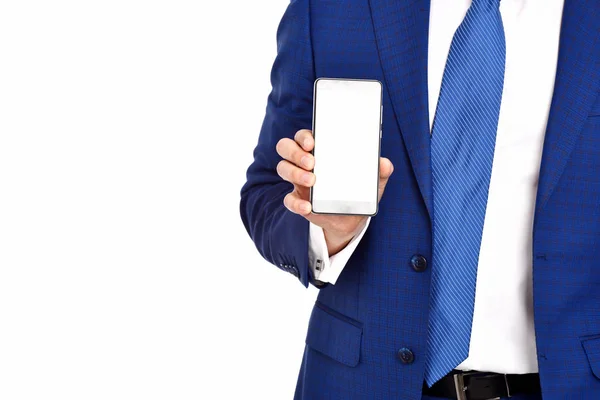 Uomo con telefono, uomo d'affari in abito formale colore blu — Foto Stock