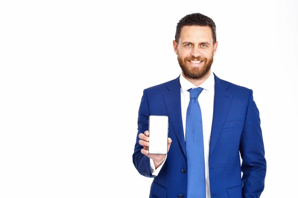 Hombre con teléfono, hombre de negocios en traje formal con cara feliz — Foto de Stock