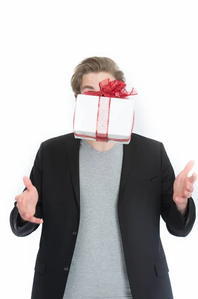Cara, homem de negócios ou homem com caixa de presente em fita vermelha — Fotografia de Stock
