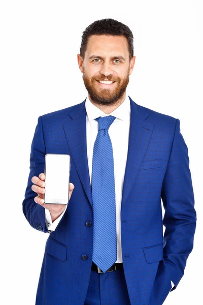 Man met telefoon, zakenman in formele outfit met vrolijk gezicht — Stockfoto