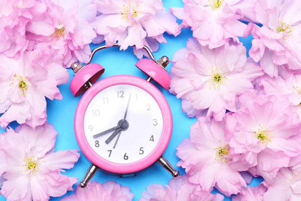 Reloj despertador en color rosa brillante rodeado de sakura rosa — Foto de Stock