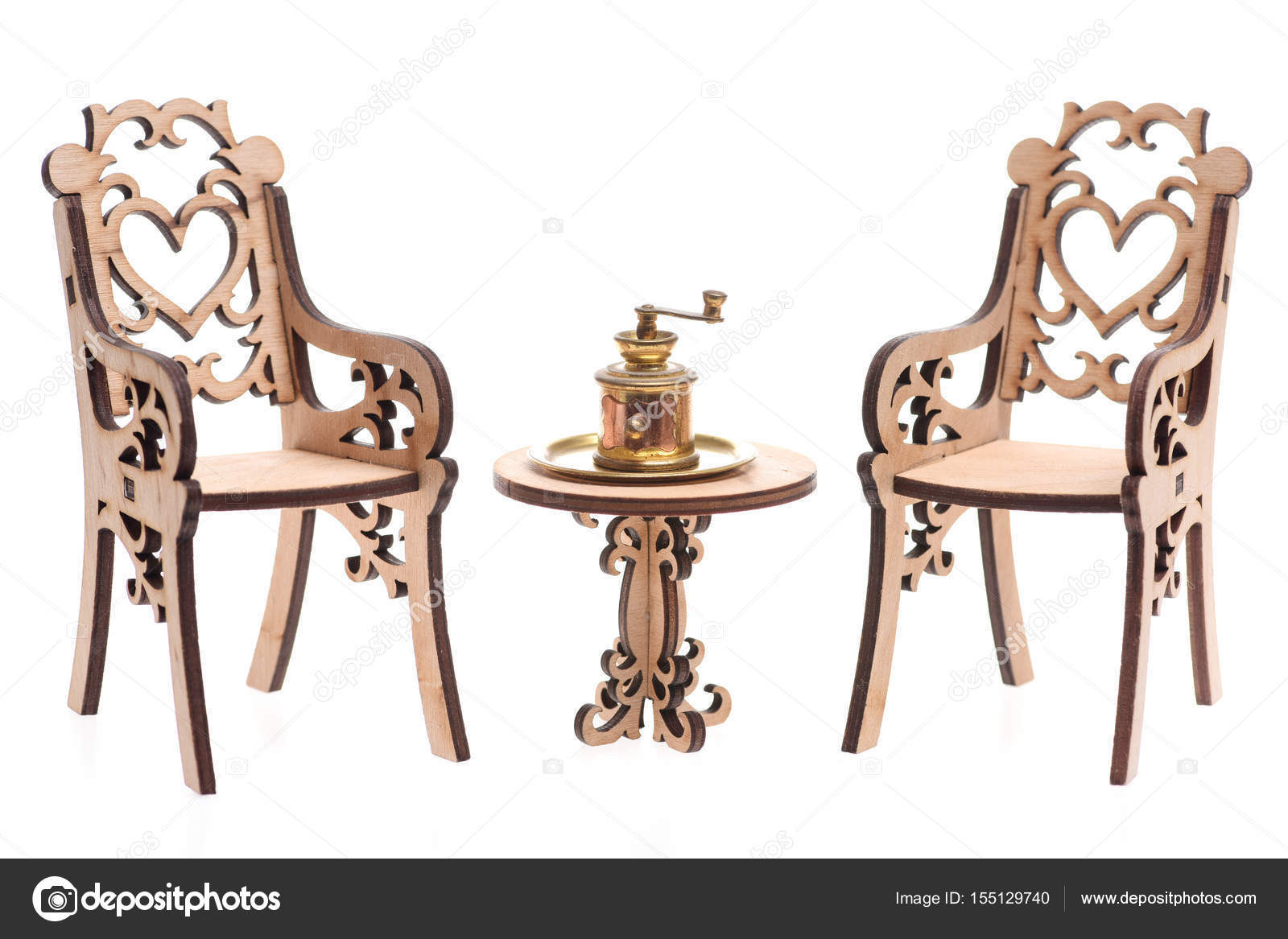Antique Coffee Grinder On Wooden Table With Chairs Isolated