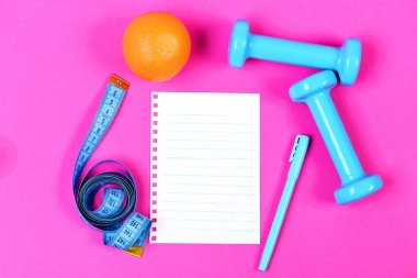 Turuncu meyve, beyaz liste ve mavi kalem için boş sayfa