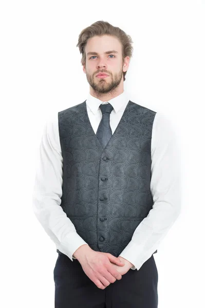 Hombre barbudo o caballero serio en chaleco y corbata — Foto de Stock