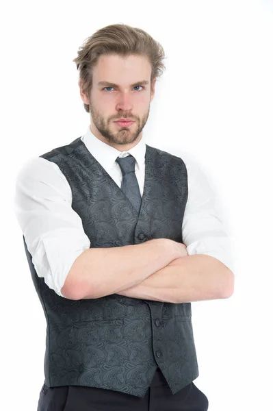 Homem de negócios, barbudo ou cavalheiro sério de colete e gravata — Fotografia de Stock