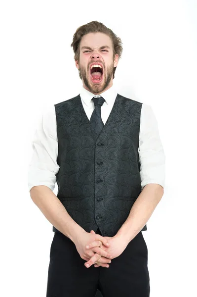 Hombre de negocios, hombre barbudo o caballero gritando en chaleco y corbata — Foto de Stock
