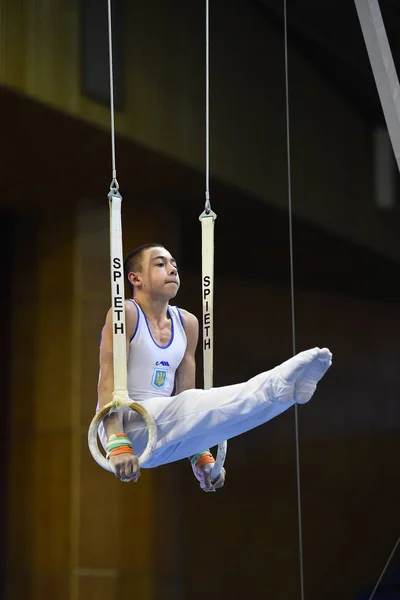 Mannelijke Turner uitvoeren op stationaire gymnastiek ringen — Stockfoto