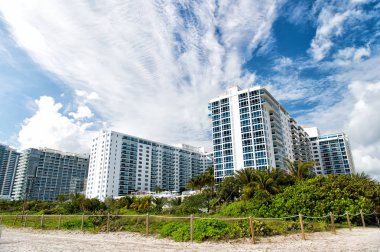 palmiye ağaçları ile kumlu plaj boyunca apartman binaları