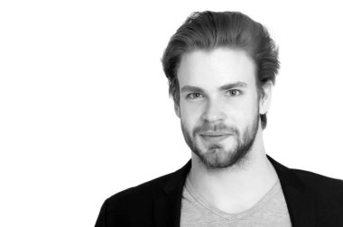 şık sakal, bıyık üzerinde beyaz izole ile gülümseyen adam sakallı