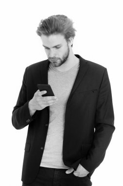 yakışıklı sakallı adam ya da işadamı ile hareket eden telefon