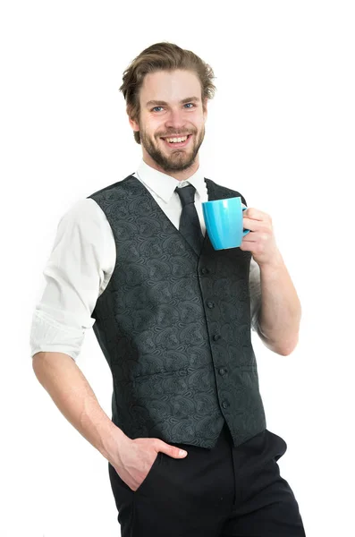 Hombre de negocios o caballero sonriente beber té o café de la taza — Foto de Stock