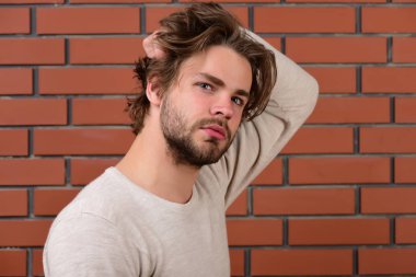 Sakallı, meraklı yüzlü ve dağınık saçlı bir adam.