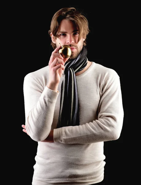 Macho man with stylish beard and haircut wearing warm scarf — Stock Photo, Image