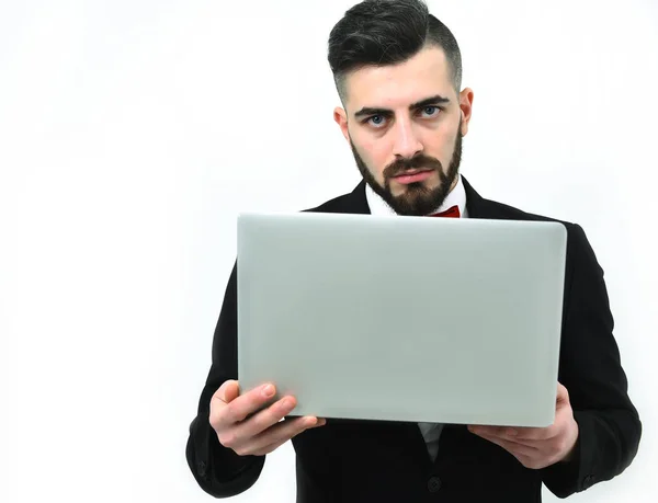 Drukke zakenman of succesvolle makelaar met baard en nieuwsgierig gezicht — Stockfoto