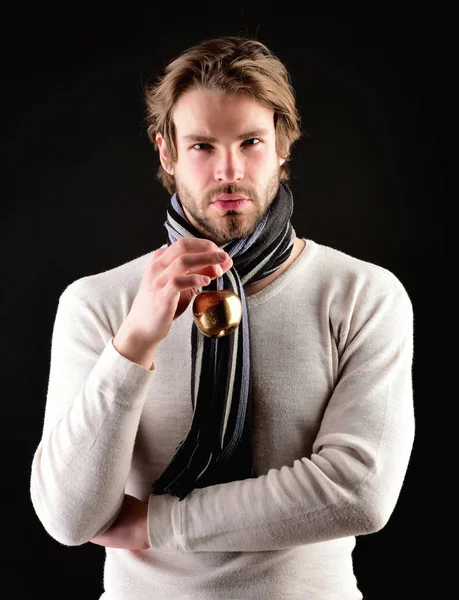 Manzana dorada y hombre barbudo con bufanda y suéter — Foto de Stock