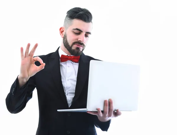 Empresario o gerente de proyecto con sonrisa en la cara muestra OK — Foto de Stock